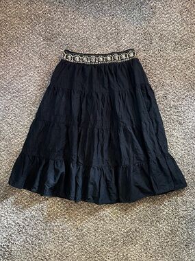 Y2K Faded Glory Black Beaded Tiered Cotton Midi Skirt Western Boho Festival